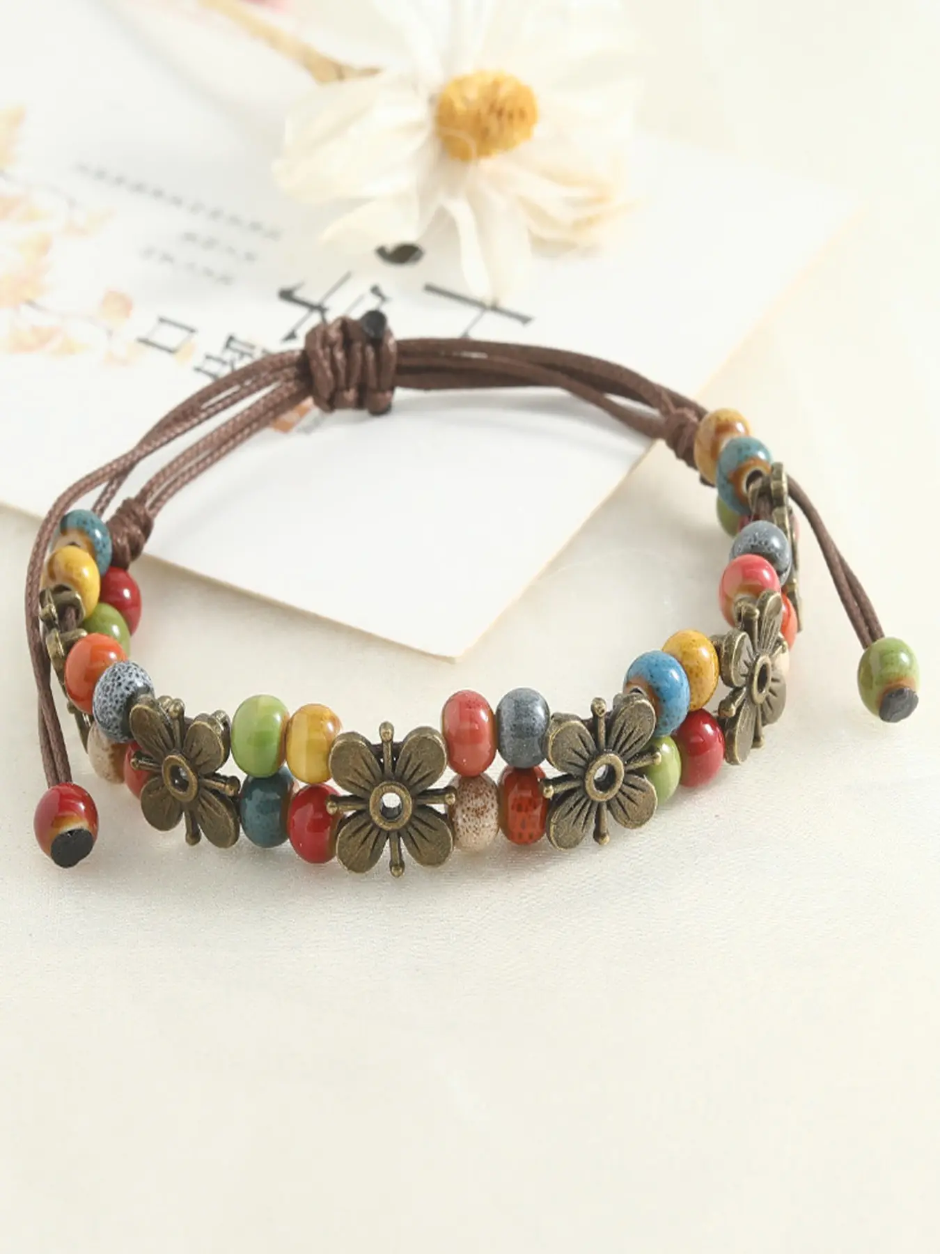 Boho Style Vintage Handmade Beaded Leather Bracelet, Flower Pendant, Adjustable Knot, Perfect for Women Girls, Daily Wear & Party Gift