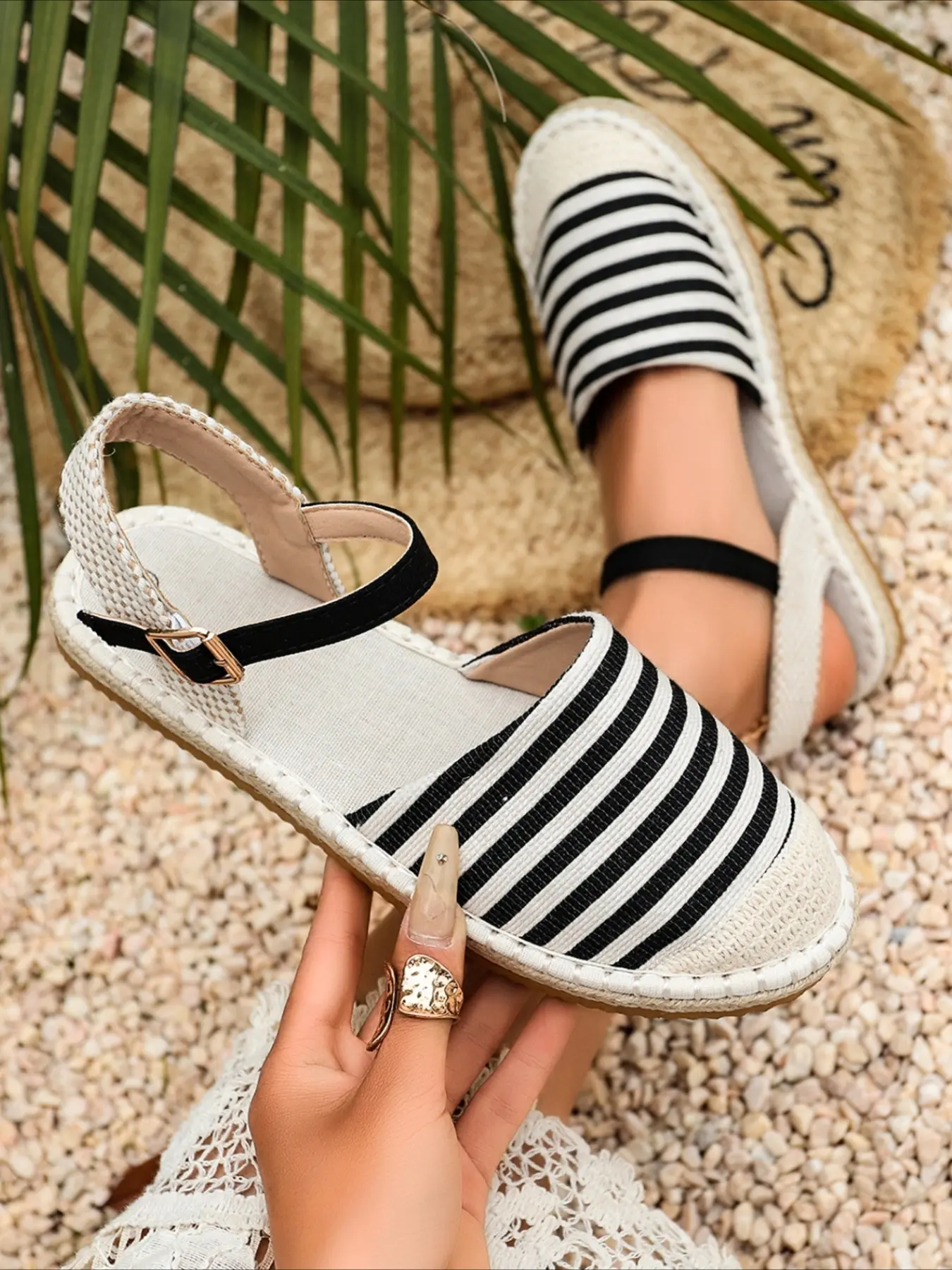 Black white striped closed toe espadrille sandals woven flat ankle buckle strap breathable summer casual women shoes