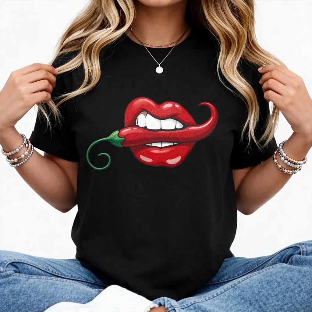 Women's Black Graphic T-Shirt - Red Lips & Chili Pepper Print, Casual Streetwear Clothes for Ladies, Vibrant Summer Party Top