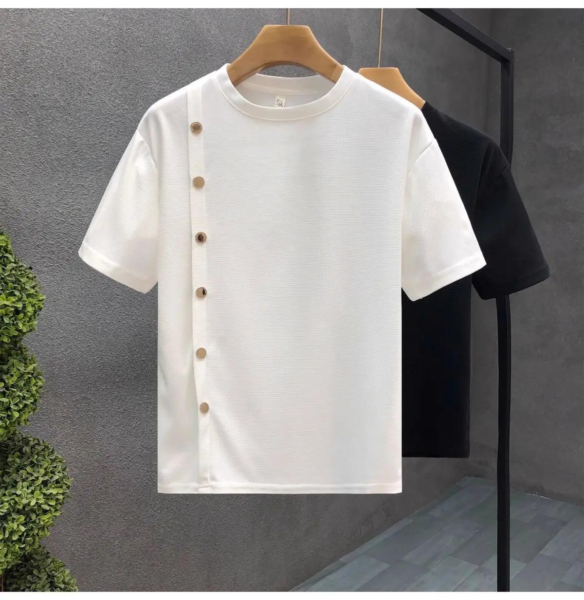 Men's Trendy Summer Short-sleeved Handsome Half-breasted T-shirt New Summer Striped Half-sleeved