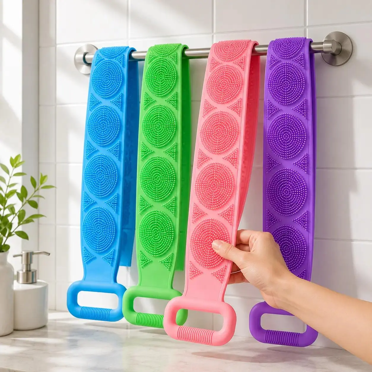 2PCS Silicone Bath Brush, Double-Sided Exfoliating Back Scrubber with Mesh Sponge, Long Body Scrub Strap with Soft Bristles & Handles, Shower Bath Tool for Back, Body Cleaning, At-Home Self Care