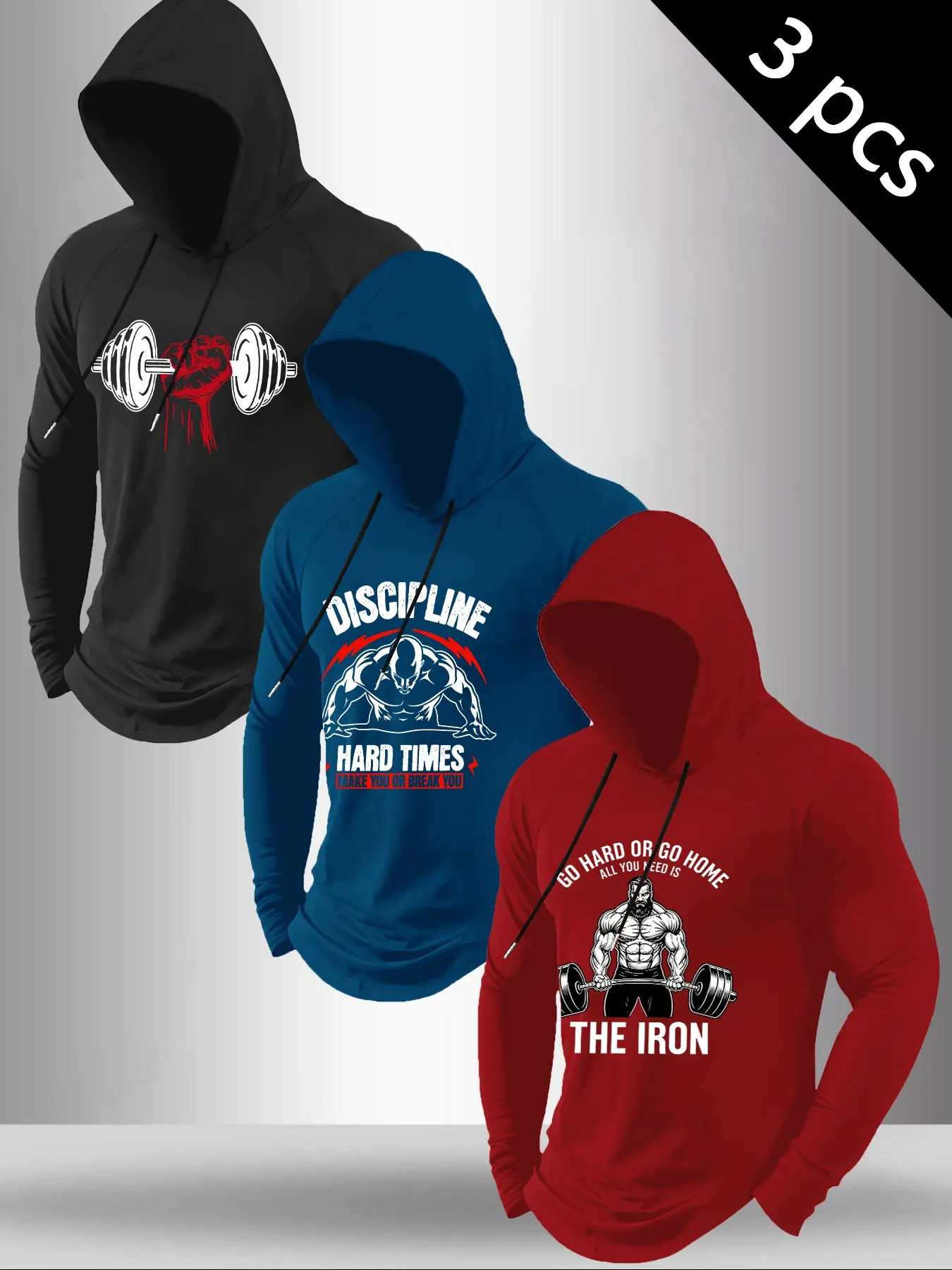 Men's 3-Pack Drawstring Long Sleeve Hoodie, Gym Motivational Dumbbell Fitness Themed Letter Print, Slim Fit Lightweight Athletic Pullover, Trendy Sports Top for Men's Back to School & Street Training Outfits