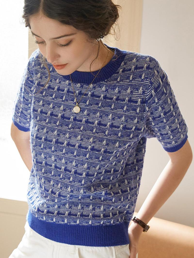 Women's French Knit Commuter Top, Knitted Sweater, Geometric Pattern Round Neck Short Sleeve Casual Loose Fit T-Shirt, Spring Summer Fashion