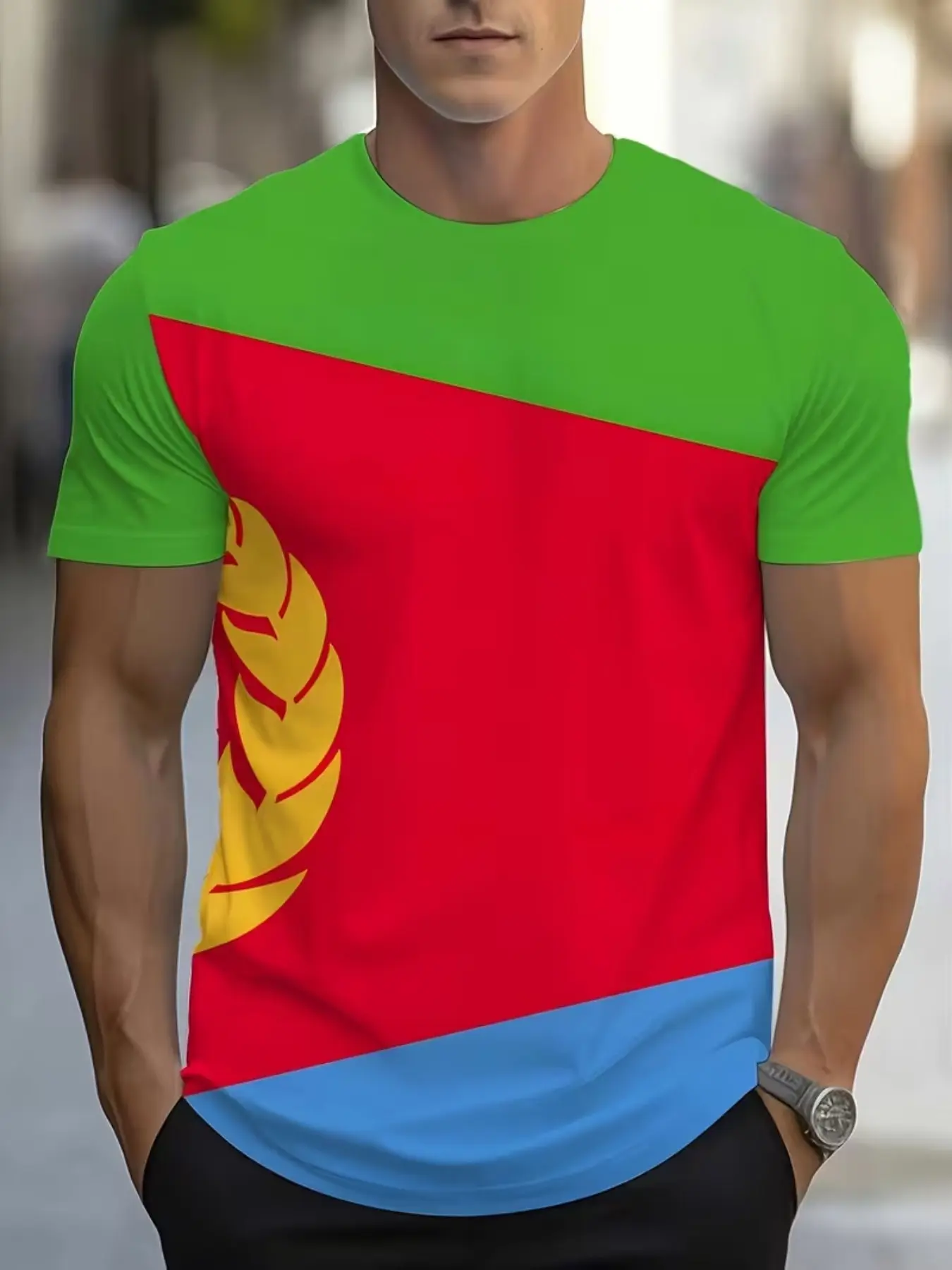 Eritrea Flag Patriotic Men's Athletic T-Shirt, Full Digital Print Design, Round Neck Short Sleeve, Sporty Style, Slim-Fitting, Unlined