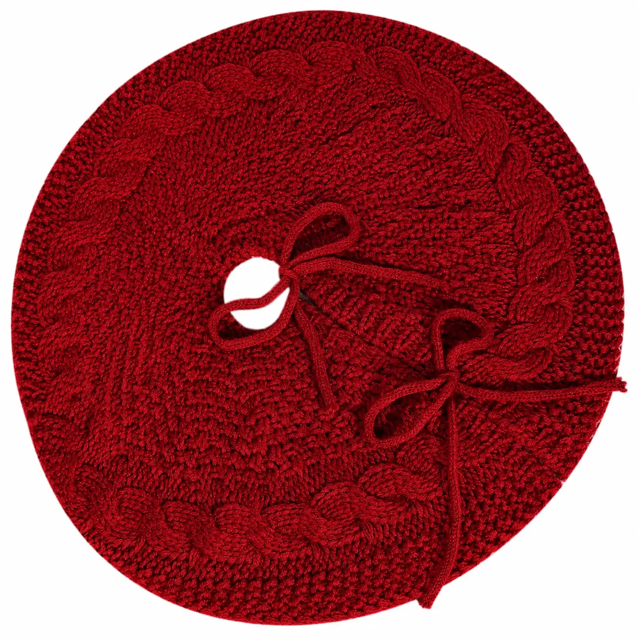 Milk-White and Red Soft Knits Christmas Tree Skirt, Acrylic Yarn Reusable Skirt, Festive Reusable Floor Covering, Fits Up to 7-ft Trees, Ideal for Living Room, Photo Backdrop
