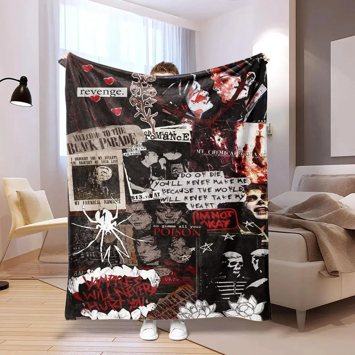 My Chemical Romance (MCR) Emo-Punk Goth 100% Polyester Soft Fabric Flannel Fleece Blanket - Dark Grunge Collage with Black Parade Lyrics & Album Art, 1-Piece Music Merch for Adults, All-Seasons Durable Machine Wash Living Room Decor for Sofa