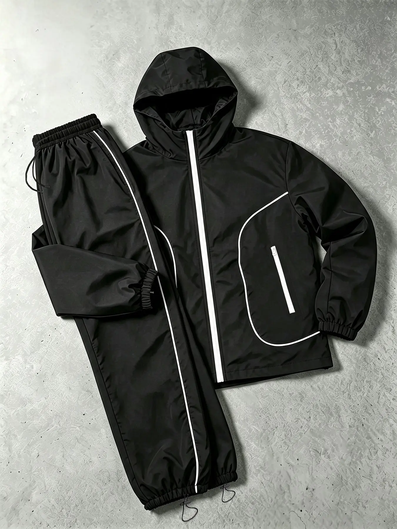 Men's Hooded Sport Set, Contrast Line Zipper Pockets Jacket, Side Drawstring Long Pants, Lightweight Windproof Quick-Dry
