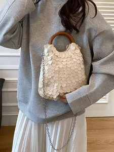 Shell Scale Crossbody Bag with Bling Decor, Wooden Ring Handle & Metal Chain, Mini Shoulder Purse Fits Phone & Lipstick for Party, Date & Beach