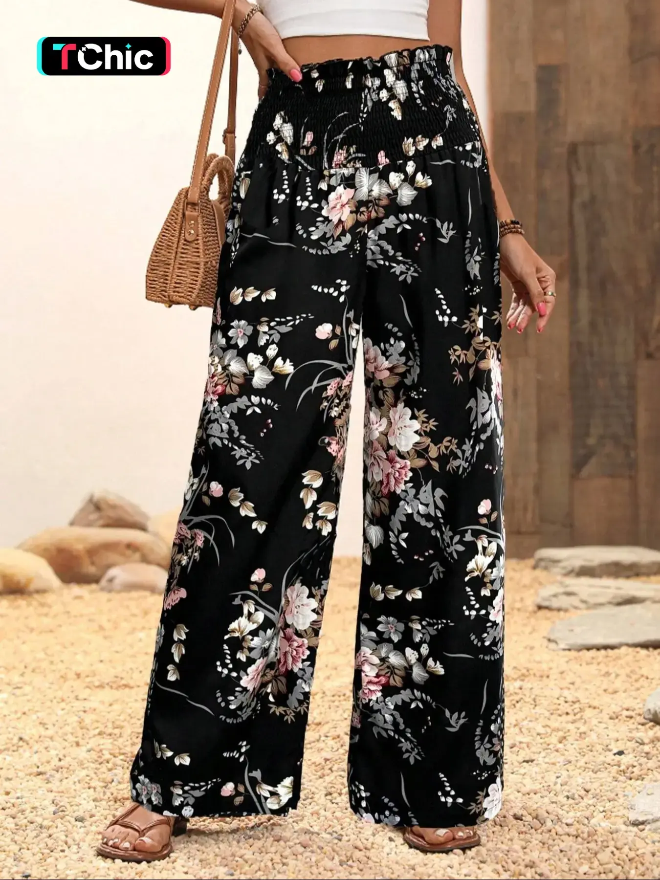 Women's Floral Print Summer Palazzo Wide Legged Pants, Boho Casual Comfy Trousers for Holiday Vacation and Daily Wear, Women's Bottoms for Summer