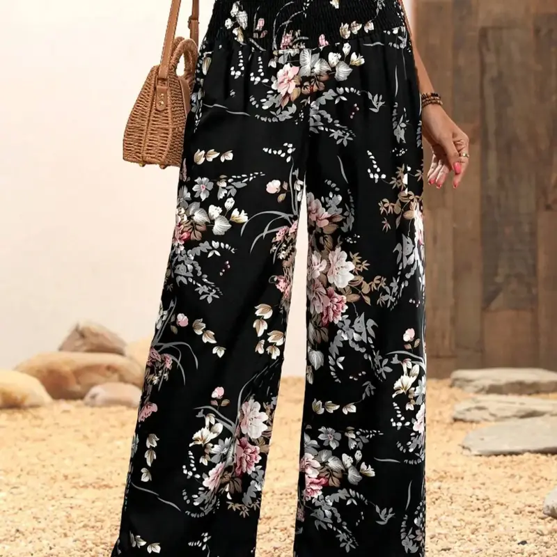 Women's Floral Print Summer Palazzo, Boho Casual Comfy Trousers for Holiday Vacation and Daily Wear, Women's Bottoms for Summer, Loose Legged Pants