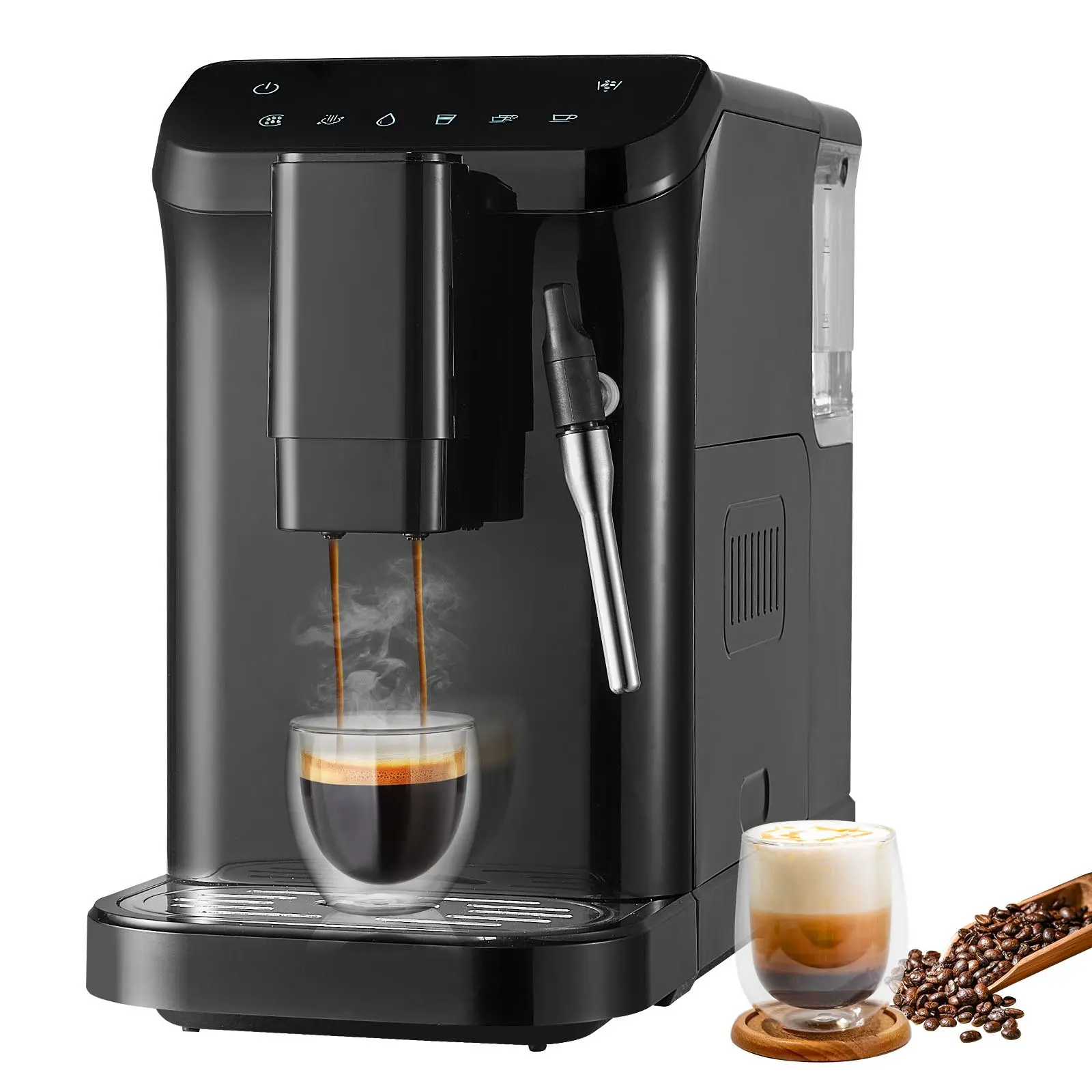VEVOR Automatic Espresso Machine with Automatic Cleaning, 20-Bar High-Pressure Extraction, Compact & Space-Saving Design, Sensitive Touch Screen, Steam Wand Frother, Built-In 15-Level Grinder, 1.5L Water Tank