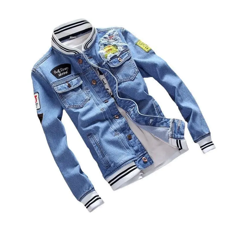 Men's Distressed Denim Bomber Jacket - Patched, Casual Streetwear
