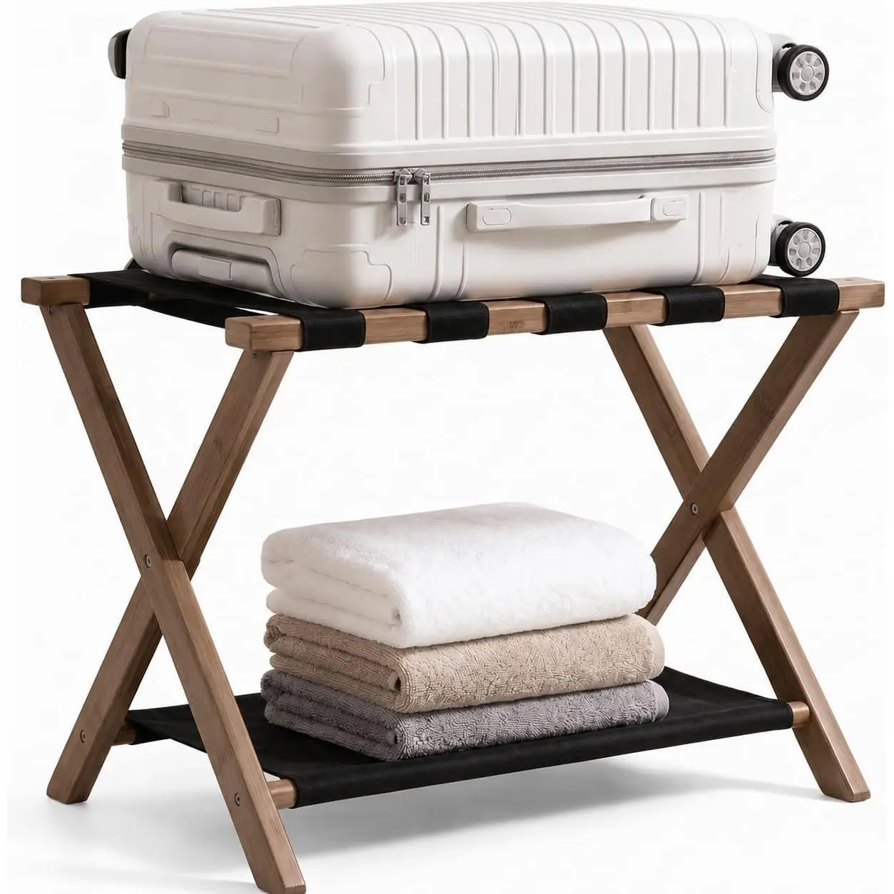 Luggage Rack, Heavy-Duty Bamboo Foldable Suitcase Stand with Storage Shelf, Fits Up to 28" Luggage, Space-Saving Organizer Holder for Guest Room, Bedroom, Hotel, Dorm and Entryway, Tea(1 Pack)
