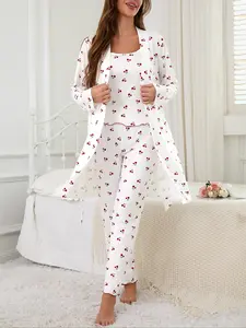 Cherry Print Women's Nightgown Set, Robe, Cami and Pants, Comfortable Casual Home Wear, All-Season Fitted Sleepwear, Medium-Weight Fabric