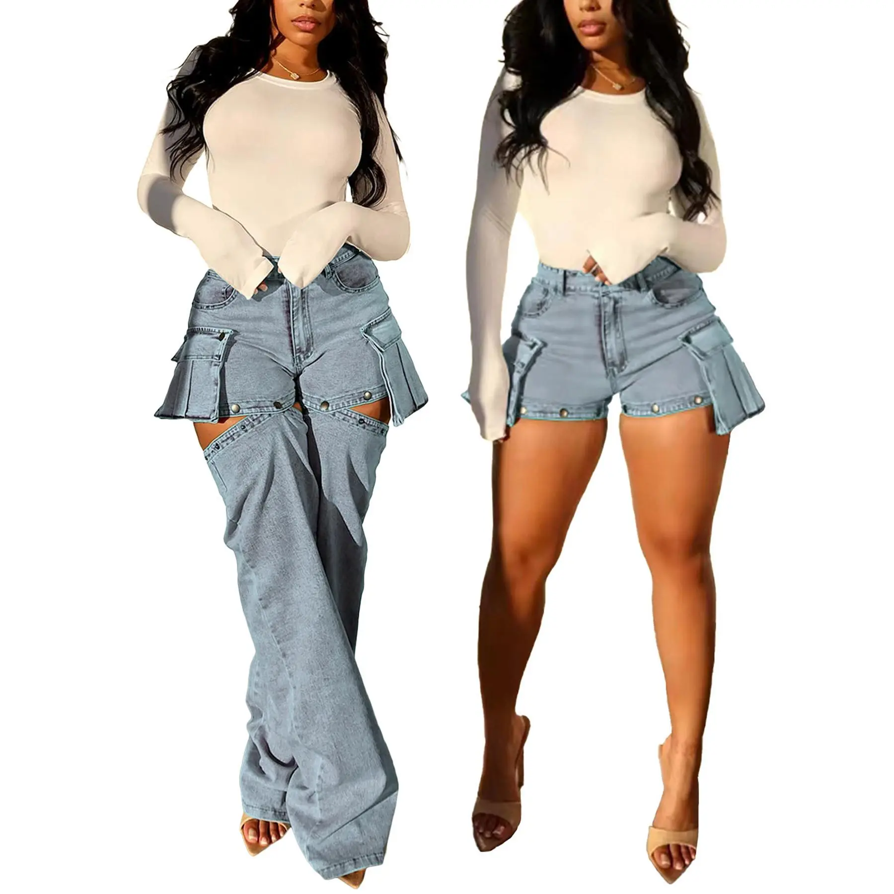 Cargo Jeans for Women Snap Button Detachable Leg High Waisted Denim Pants Wide Leg Jean with Pockets Casual Chic, 65% Cotton + 35% Polyester, Cargo Trousers, Convertible Jeans, Embroidery