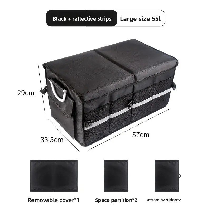 55L Large Car Trunk Organizer with Reflective Strips, Foldable Waterproof Oxford Storage Box with Removable Dust Cover & Detachable Dividers, Multi Compartment Trunk Bin with Side Mesh Pockets for SUV Truck Van Camping Car Accessories