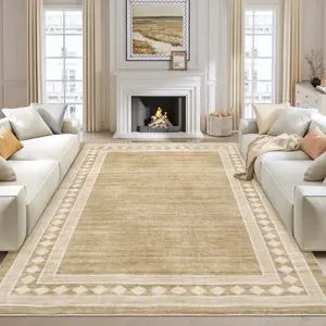 Modern Washable Area Rug – Large Geometric Bordered Soft Non-Slip Carpet, Low Pile, Mark Resistant, Collapsible Throw Rug for Living Room, Bedroom, Office, Nursery, Dining