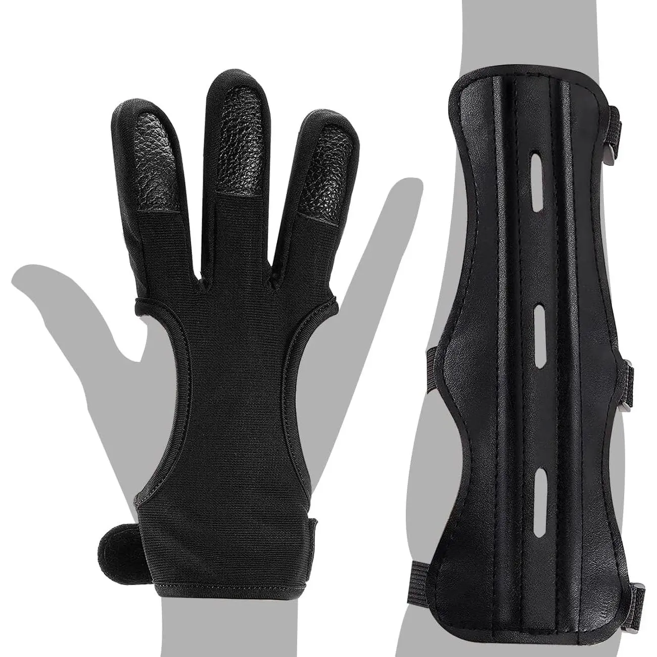 2 Pcs Archery Glove & Arm Guard Kit Leather PU Archery Bracer Three Finger Guard Protective Gear Accessories for Men Women & Youth