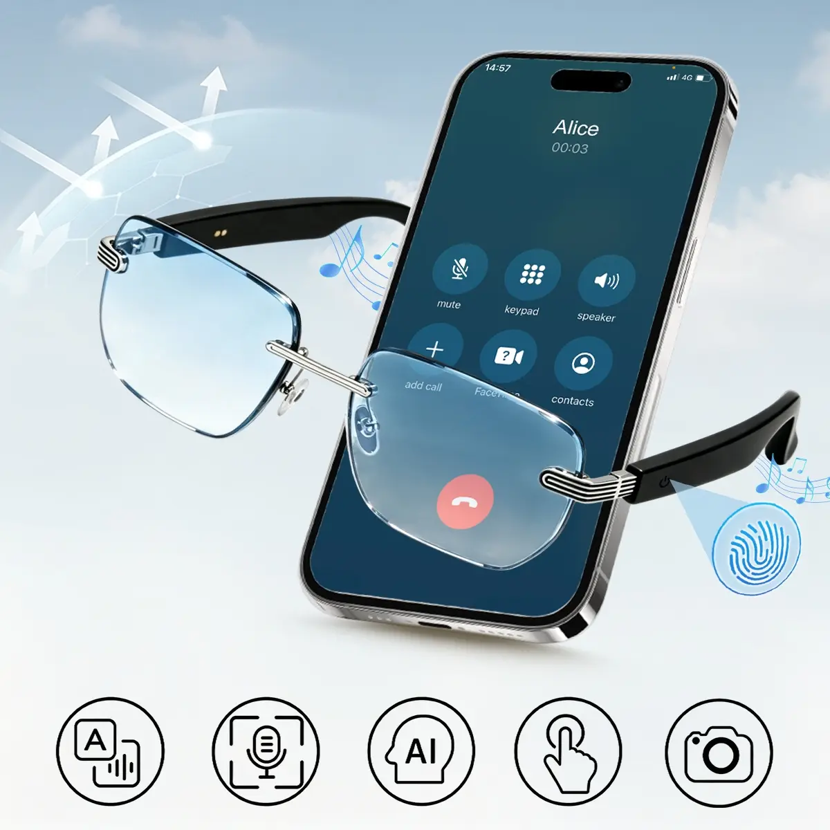 AI Smart Glasses with Real-Time AI Translation,Titanium Frame,Bluetooth Open-Ear Audio,No Camera Privacy-First,Support Hands-Free Calling,UV Protection for Running,Driving,Work
