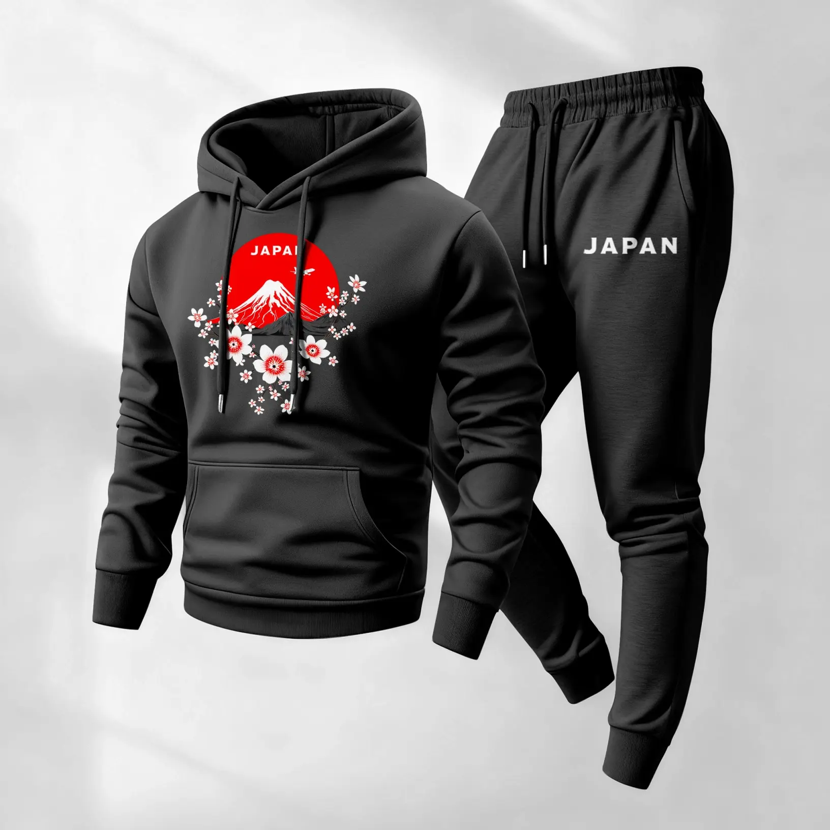 Men's Japan Graphic Hoodie and Sweatpants Set, Japanese Inspired Pullover Hoodie with Mount Fuji and Cherry Blossom Print, Unique Oriental Artwork Design, Casual Streetwear Tracksuit Outfit for Fall Winter Daily Wear
