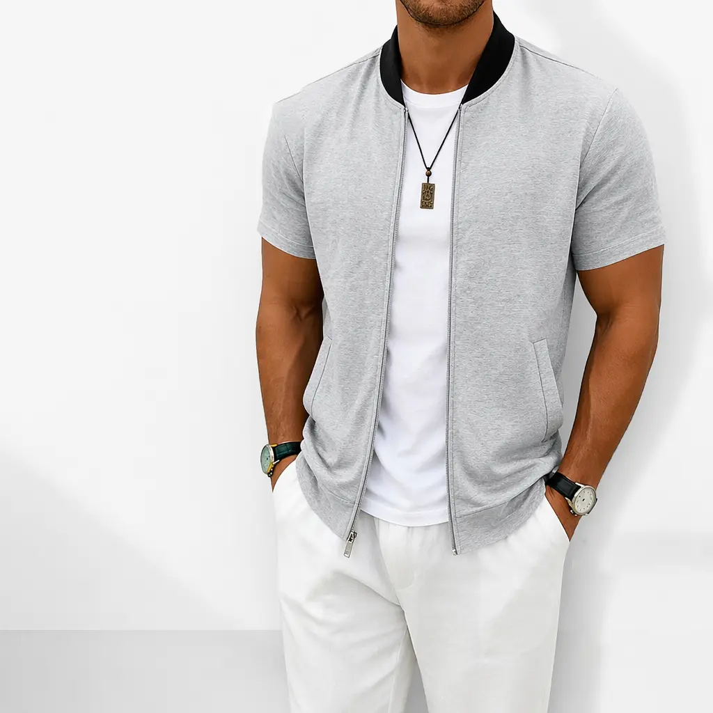 Mens Short Sleeve Baseball Jacket Stand Collar Zipper Flight Attire For Summer Casual Sports Lightweight Breathable Full Zip Outerwear Side Pocket Design Relaxed Fit Basic Summer Stand Collar Zipper Short Sleeve Flight Attire Jacket