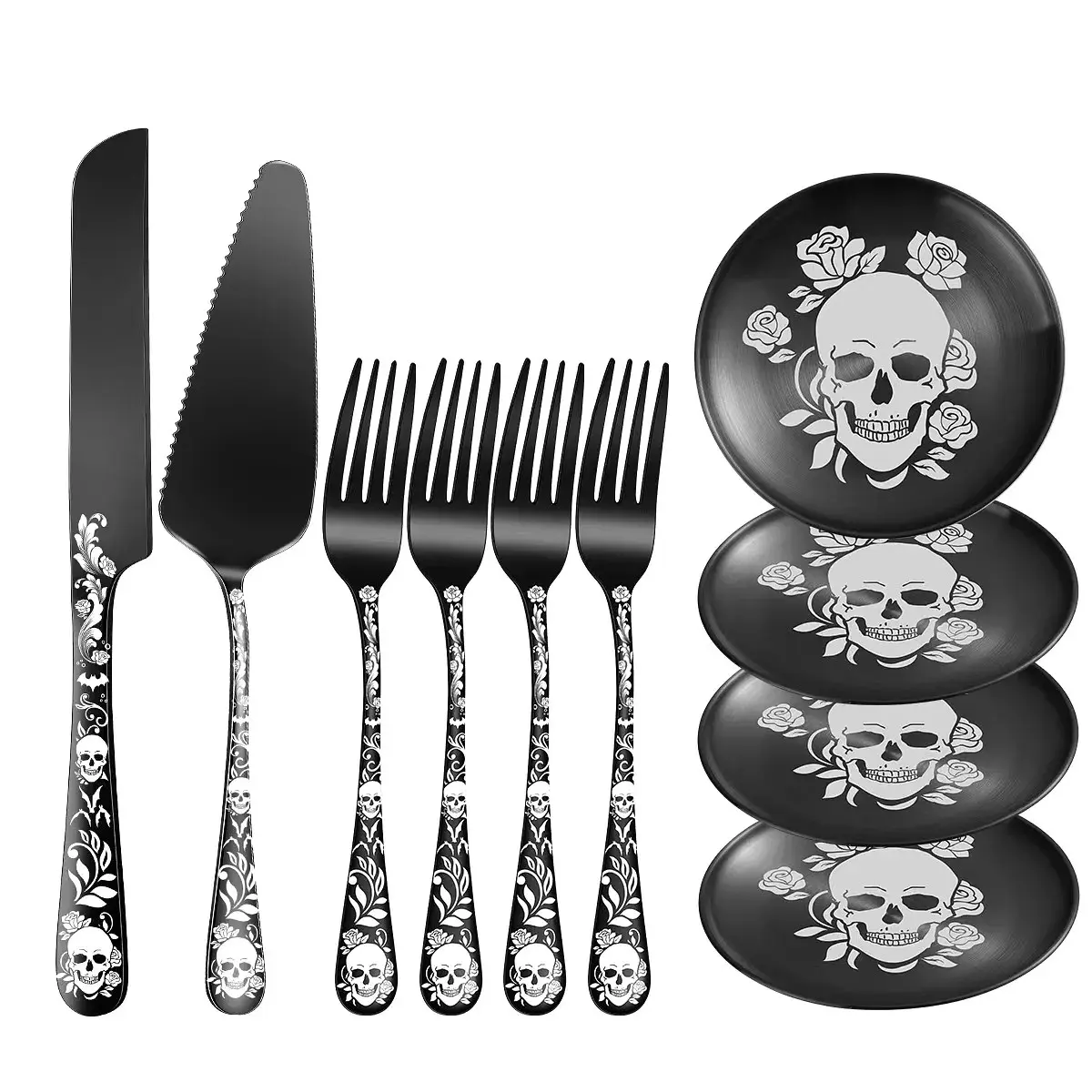 Skull Pattern Stainless Steel Cutlery Set, 10-Piece Dinner Knife Fork and Spoon Set, Party for Valentine's Day, Birthday, Wedding