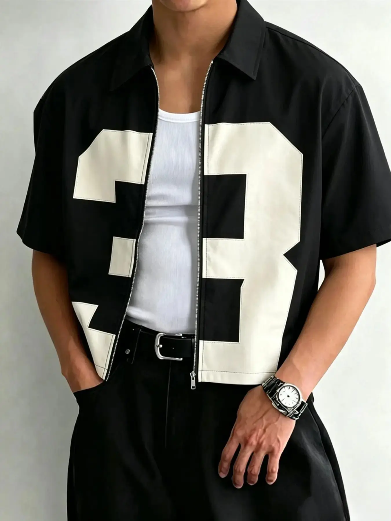 Vintage Block Number Print Zip Up Lapel Cropped Short Sleeve Shirt For Men, Casual Collared Shirt, Casual Street Overshirt,  Eye-Catching Color Block Number Graphic, Short Cropped Hem Creates Layered Outfits, Versatile Open Front For Inner Tank Tops