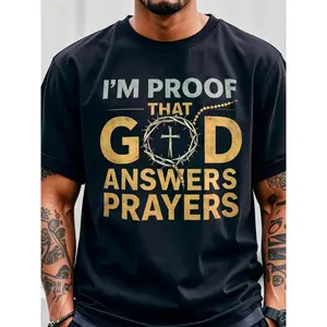 Men's Christian T-Shirt "I Am the Proof of God's Response to Prayer" with Golden Crown Cross & Lettering Ultra Soft Breathable Fabric Suitable for Church Easter Christmas