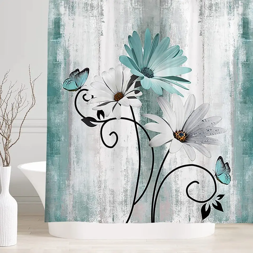 Rural Pastoral Style Polyester Fabric Shower Curtain, Lake Blue Daisy Floral Modern Waterproof Shower Curtain Set, 71x71 in