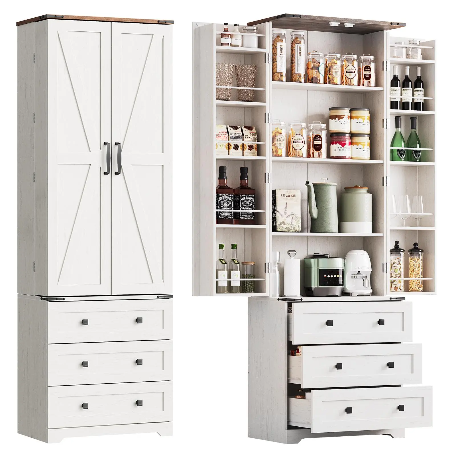 Gaomon 72 Inch Tall Kitchen Pantry Cabinet, Freestanding Storage Cupboard with Barn Doors & Drawers, Adjustable Shelves for Food Organization, Farmhouse Style Utility Cabinet for Laundry Bathroom