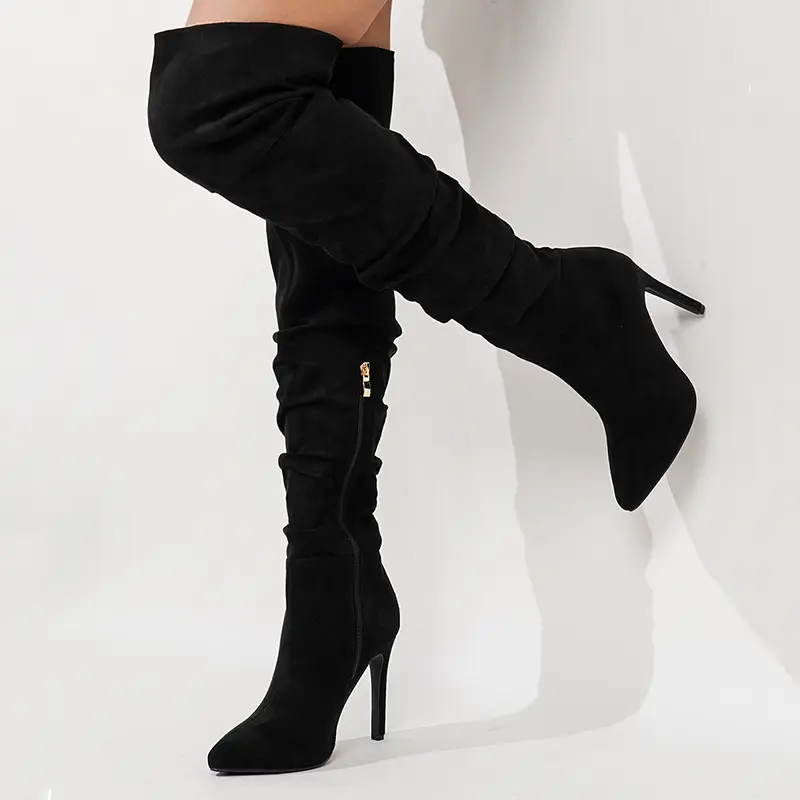 Women's Vintage Chic Plain Imitated Leather Autumn-Winter Slimming Fit Pointed Toe Over-the-Knee Boots - Wrinkle Slouch Stackable Shaft, Thin High Stilettos, Suitable for Daily, Party Wear