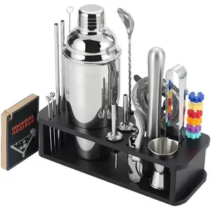 22-Piece Cocktail Shaker Set, Mixology Bartender Kit with 24oz Cobbler Shaker, Home Bar Tool Set with Black Bamboo Stand, 39 Recipe Cards, Glass Markers, Gift for Men & Dad