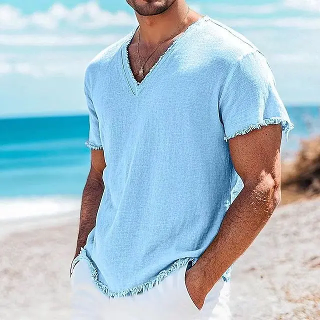 Men's Linen T-Shirt, Textured V-Neck with Distressed Details, Casual Loose Fit Short Sleeve Streetwear, Tshirt, Menswear, Plain, Casual Tee, Anticrease Linen, Shortsleeve, Top