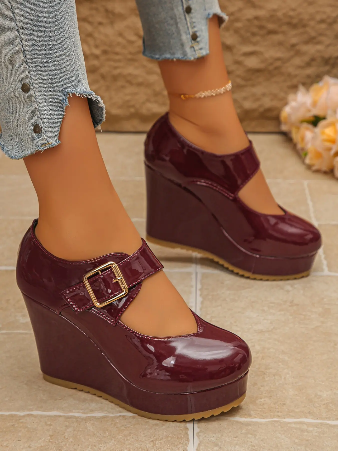 Two Color Options Wine / PU Leather Women's Wedge Heel Shoes, Casual Mary Jane Sandals with Square Buckle, All Seasons Footwear