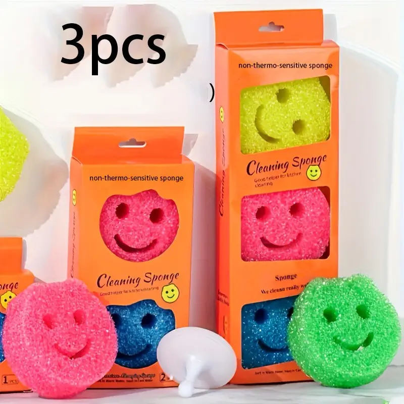 Smiley Face Random Color Cleaning Sponge, Thick High-Density Scrubbing Sponge, Soft Durable Multi-Use Kitchen Bathroom Pad, Strong Stain Removal