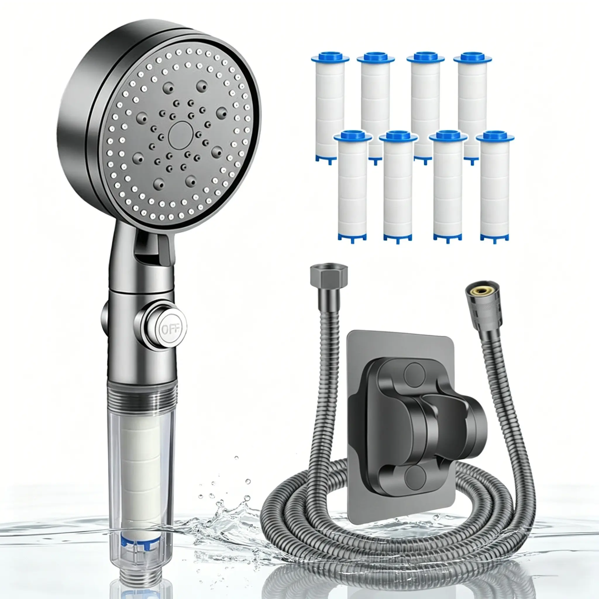 Multifunctional Shower Head Set, 5 Spray Modes, Stop Button, Universal Handheld Shower, Wall Mount Bracket, Hose Included, Ideal for Bathroom, Pet Bathing, Camping RV