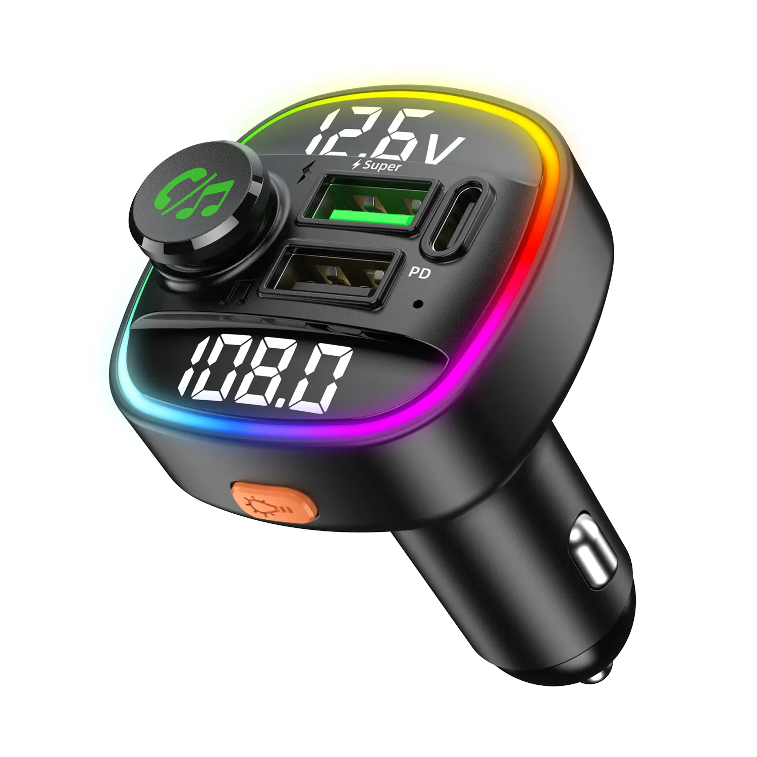 Universal Car Bluetooth FM Transmitter MP3 Player Dual USB & PD Fast Charging Port Color RGB Ambient Light Digital Voltage Screen Hands-Free Calling Auto Cigarette Lighter Charger