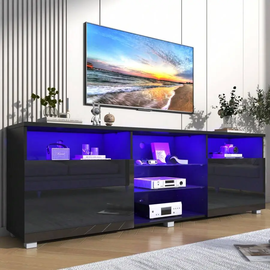 Glossy LED Black/White TV Stand 55/60/65/75/80 Inch TV,Modern LED Entertainment Center With Adjustable Storage Shelves,Game Console Entertainment Center,TV Table Media Furniture