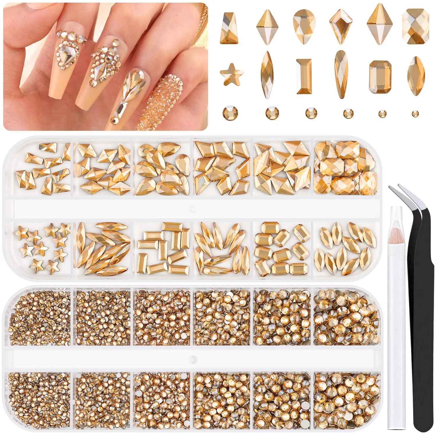 3220Pcs Champagne Gold Glass Nail Rhinestones 120Pcs Multi Shapes Flatback Nail Gems +3100Pcs 1.5-4mm Round Crystal, Manicure Nail Charms Diamond Gemstones for Nail Design Acrylic Nails Decoration springtok