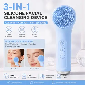 Silicone Face Brush, Warm Massage for Face and Eye Area, Dual-Sided Design, 3 Speed Modes, Rechargeable, 4 Colors Available, Ideal for Home, Travel, Gift, Face Wash Brush