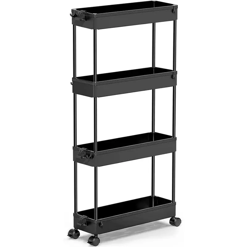 4-Tier Black  Slim Rolling Storage Cart, Slide Out Narrow Gap Mobile Utility Shelving Unit, Space-Saving Organizer for Kitchen Pantry, Bathroom Vanity, Makeup Station, Craft Supplies & Laundry Room Small Space Apartment Storage Hack