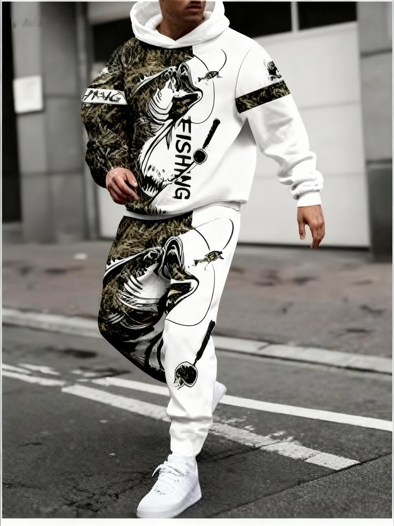 European and American men's digital printed hooded sweatshirt+pants set - salmon print camouflage splicing, fashionable running casual two-piece set