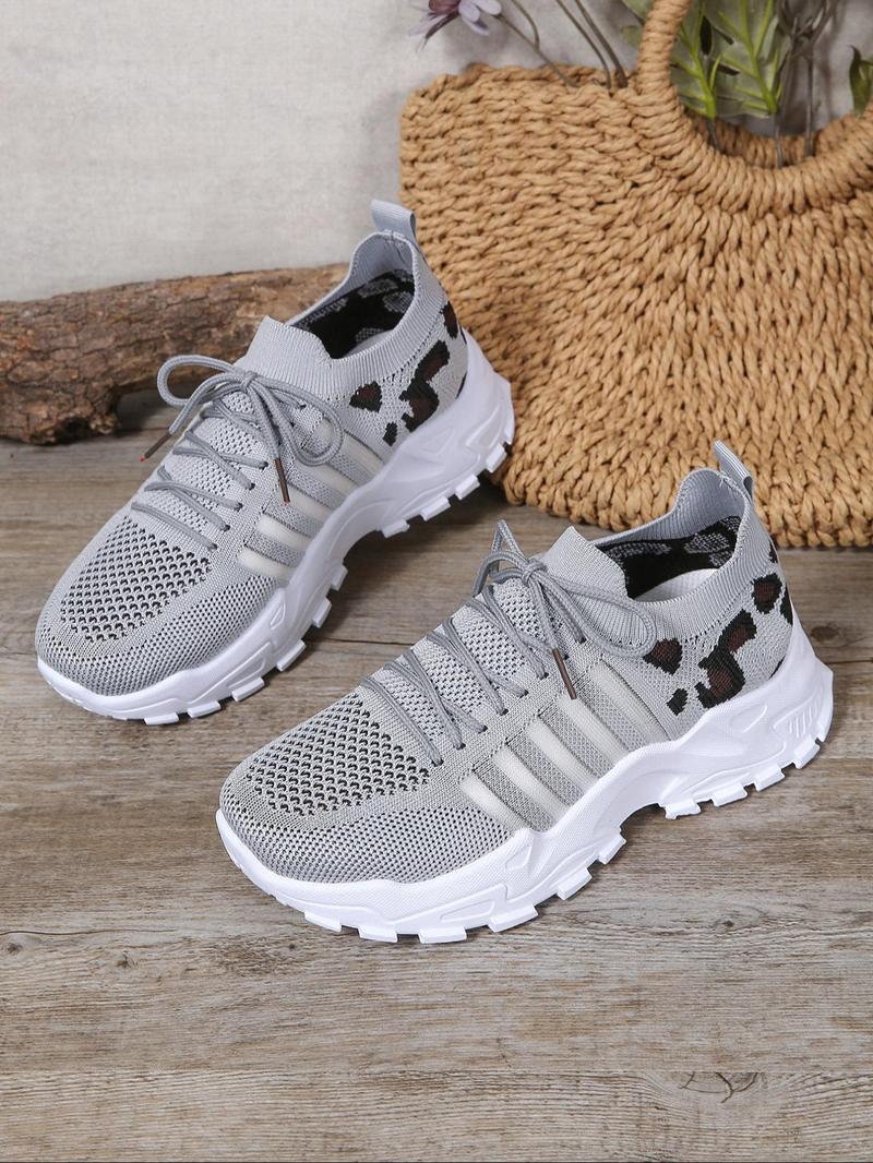Women's Fashion Leopard Print Lace Up Low Top Sneakers, Casual Comfortable Sporty Running Shoes, Female All-match Round Toe Trending Fashionable Running Athletic Shoes for Daily Wear, Breathable Running Shoes, Workout Sneakers