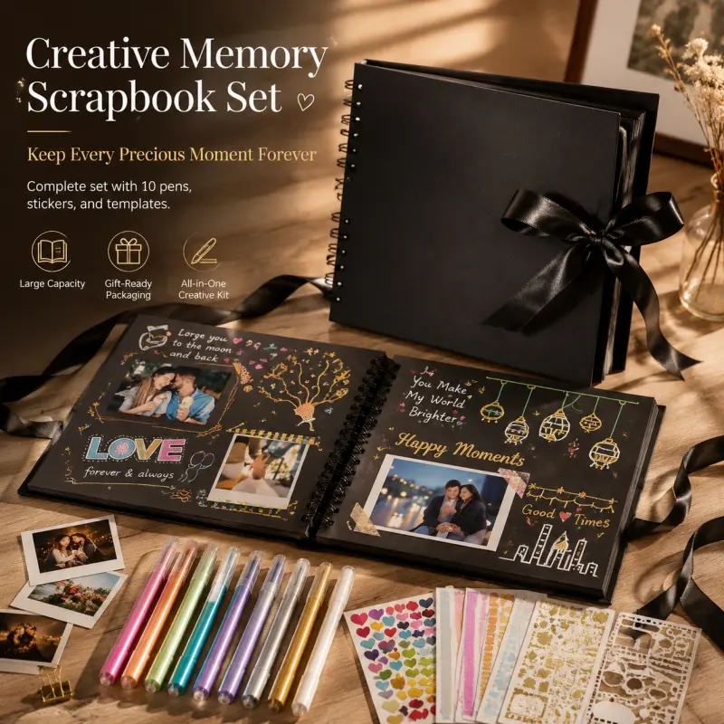Black Complete Scrapbook Album Set Scrapbooking Kit With Metallic Markers, Stickers & Hollow Stencils, DIY Memory Book To Precious Every Wonderful Moment.