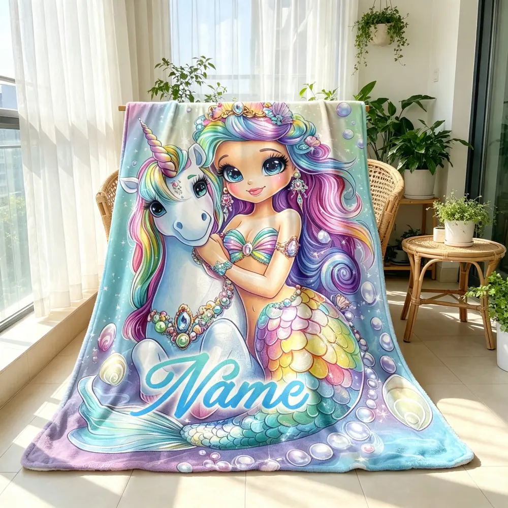 Personalized Printed Image Unicorn-Mermaid Blanket - Anti-Pilling Stain-Resistant Flannel, Multi-Size, Indoor/Outdoor Use for Sofas,Beds - Winter Gift for Children