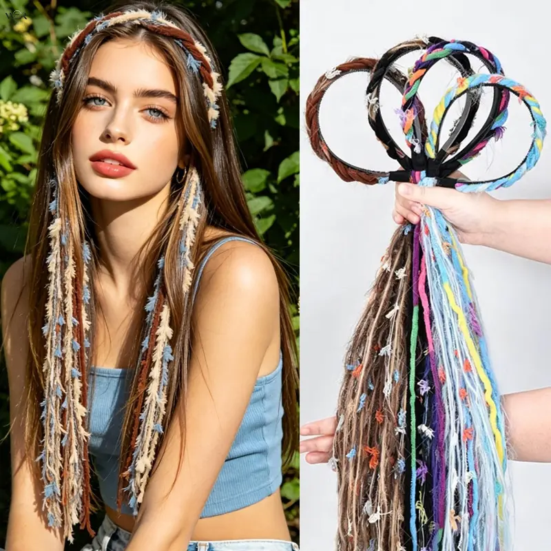 Boho Braided Dreadlock Headband with Long Tassel Wig Braid, Hippie Synthetic Hair Braid Hairband, Festival Rave Party Costume Hair Accessories for Women Girls, 6 Color Options Coffee Black Light‑Coffee Purple Colorful Pink Yellow