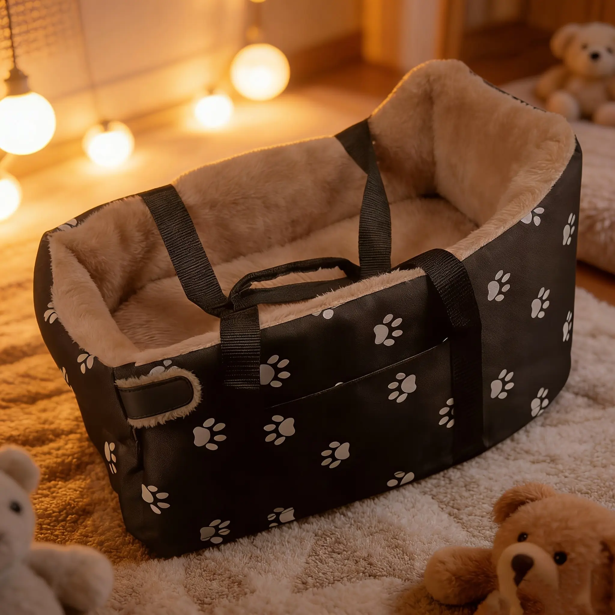 Luxury Portable Pet Bed, Soft Plush Bed for Travel, Car, Home Use, Lightweight Warm Dog Sofa, Cute Paw Print Design, Ideal Gift for Small Dogs