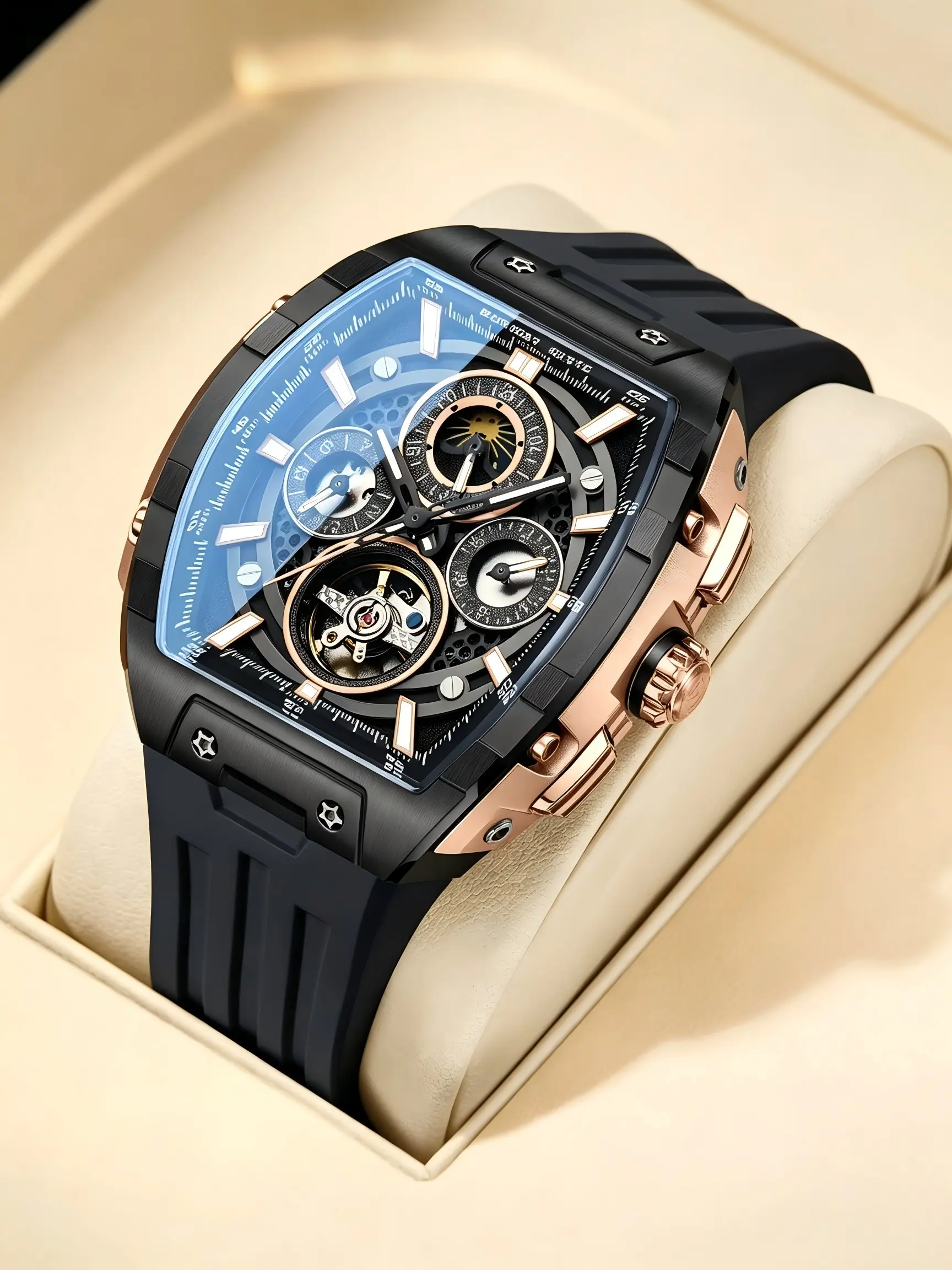 Bonest Gatti Classic Business Men's Mechanical Watch, Multifunctional Dial, Fluorine Rubber Strap, Night Vision, Scratch-Resistant, Bg5005