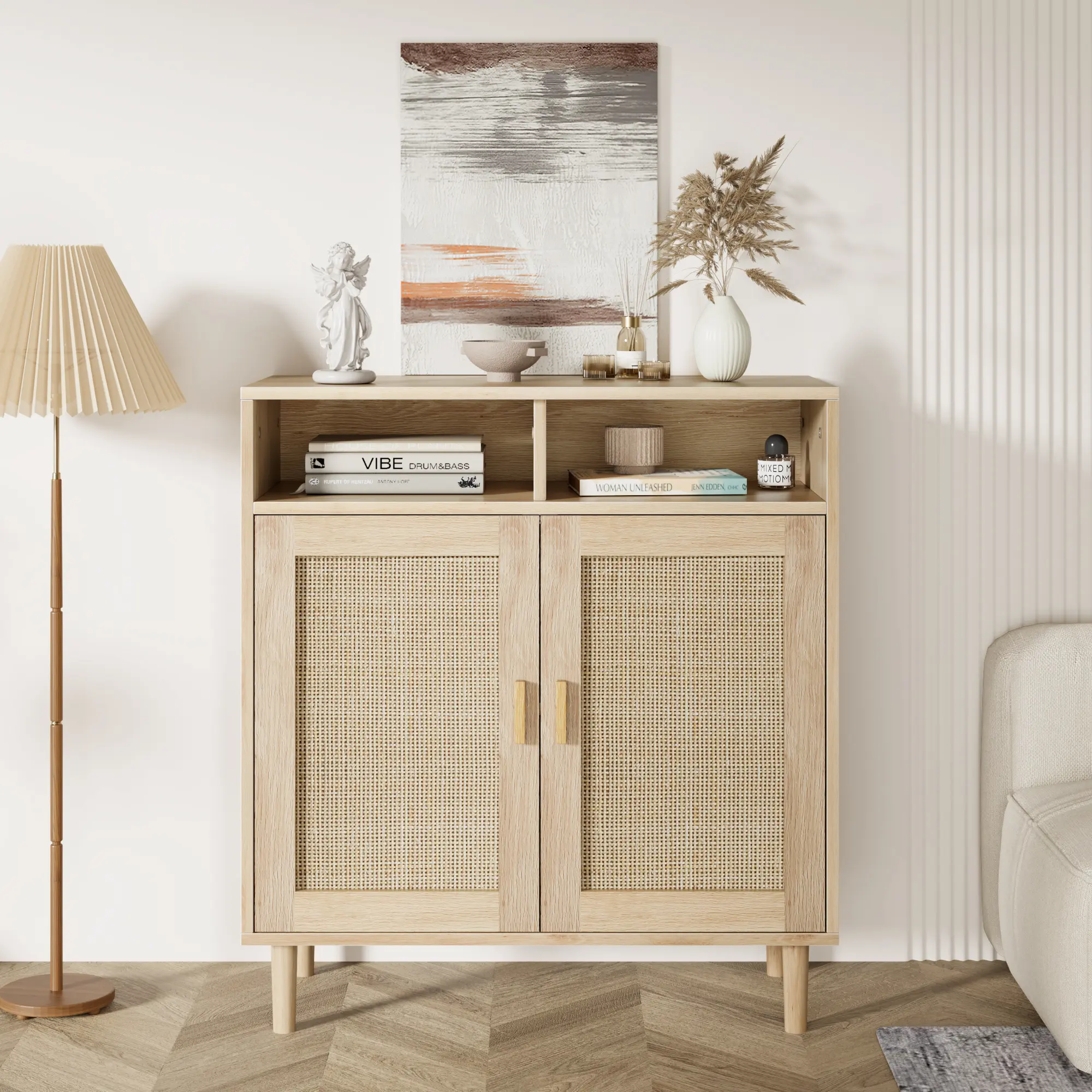 Modern Rattan Entryway Storage Cabinet – Sideboard Buffet with 4 Doors & Adjustable Shelves – Versatile Organizer for Hallway, Kitchen, Dining & Living Room