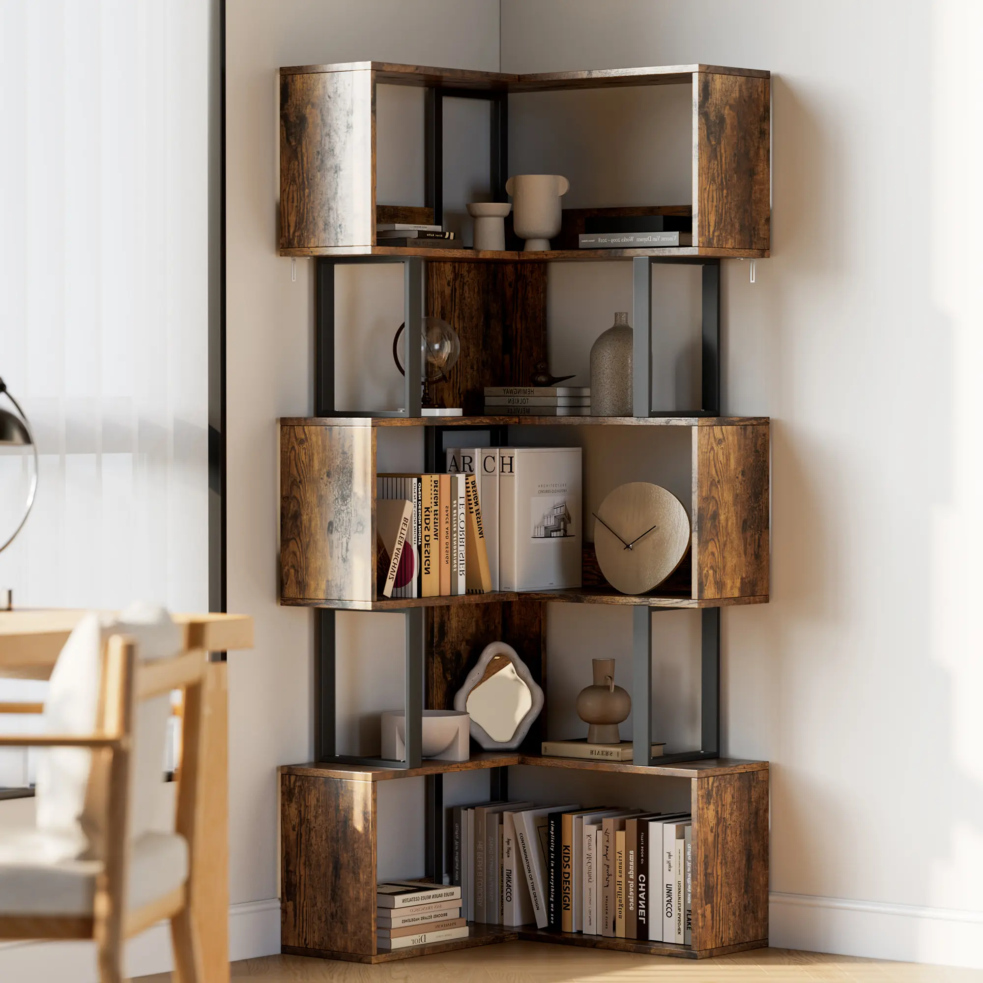 L-Shaped Corner Bookshelf, 62.6in Tall 6-Tier Freestanding Metal-Wooden Rack with Baffle, Space-Saving Modern Display Storage Shelf for Living Room, Sunset Cloud Color